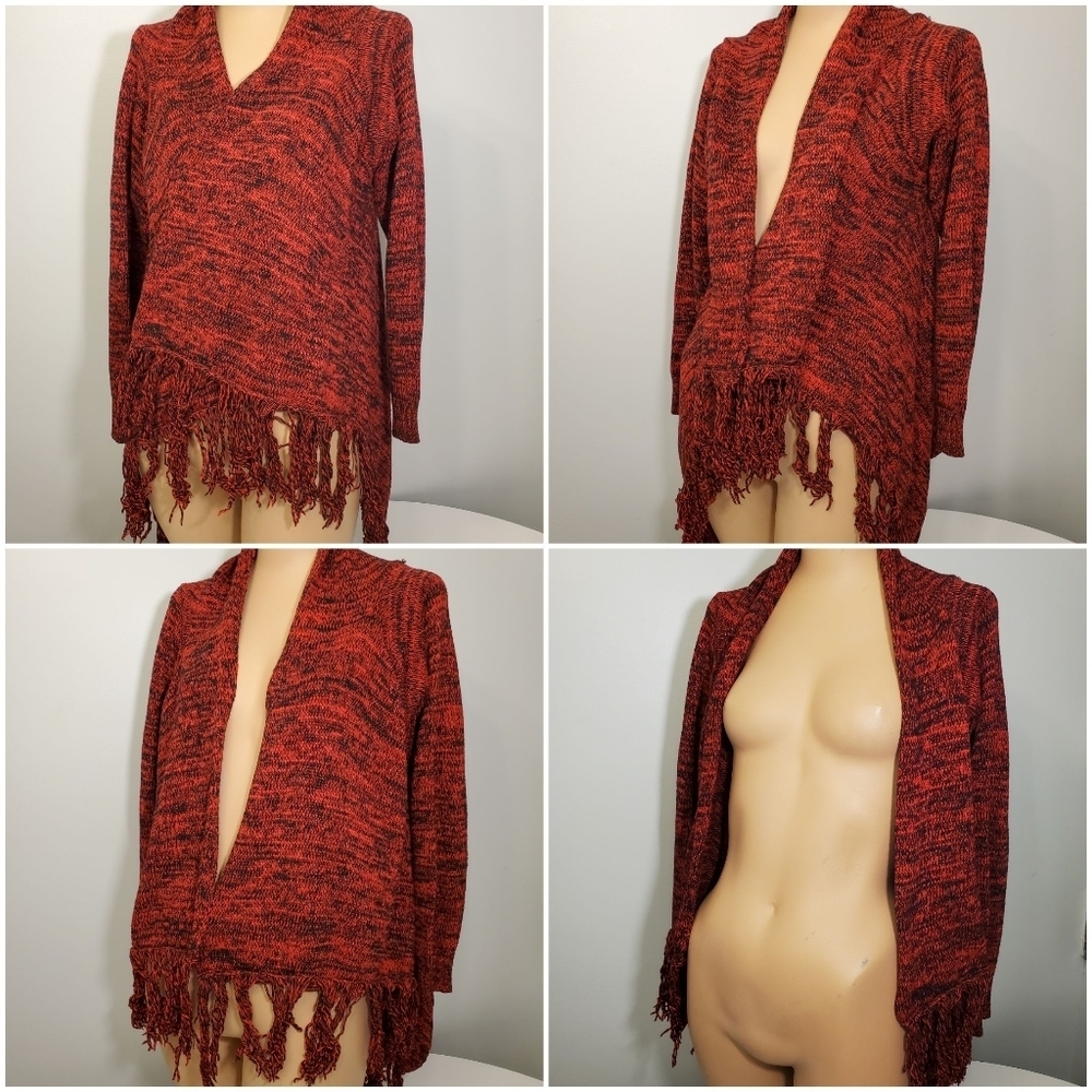 i Joah Brand Wrap Knitted Open Sweater with Fringe